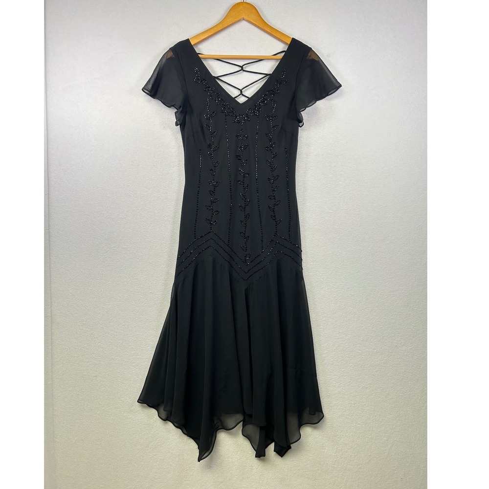 SL Fashions Black Beaded Criss Cross Back Flutter Sleeve Midi Dress Size 10 - Picture 1 of 9